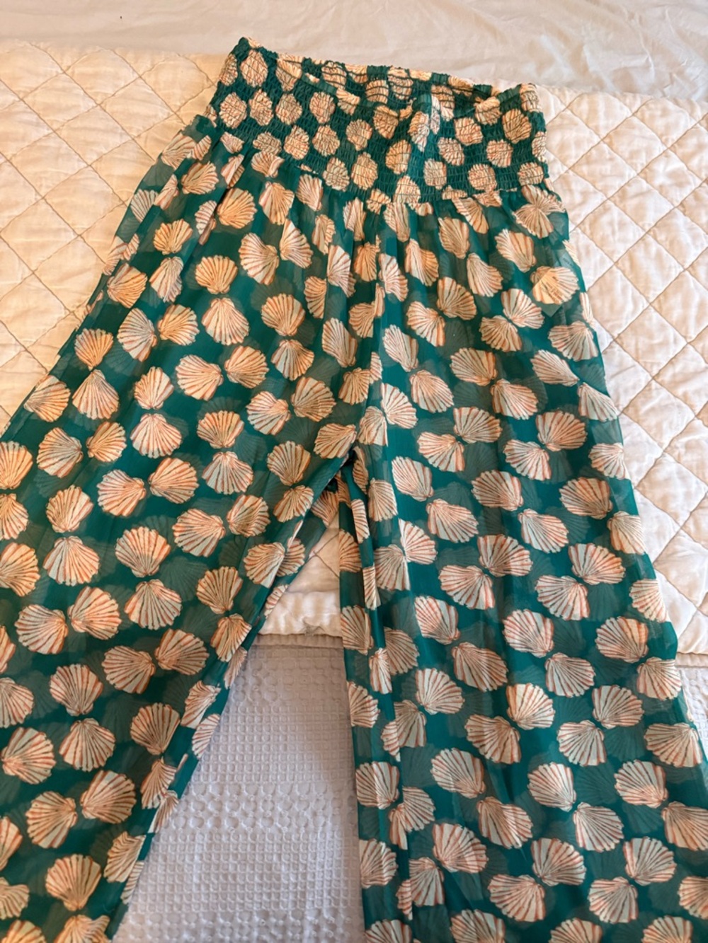 Hermoza green sheer Shell Print Smocked Waist Pants